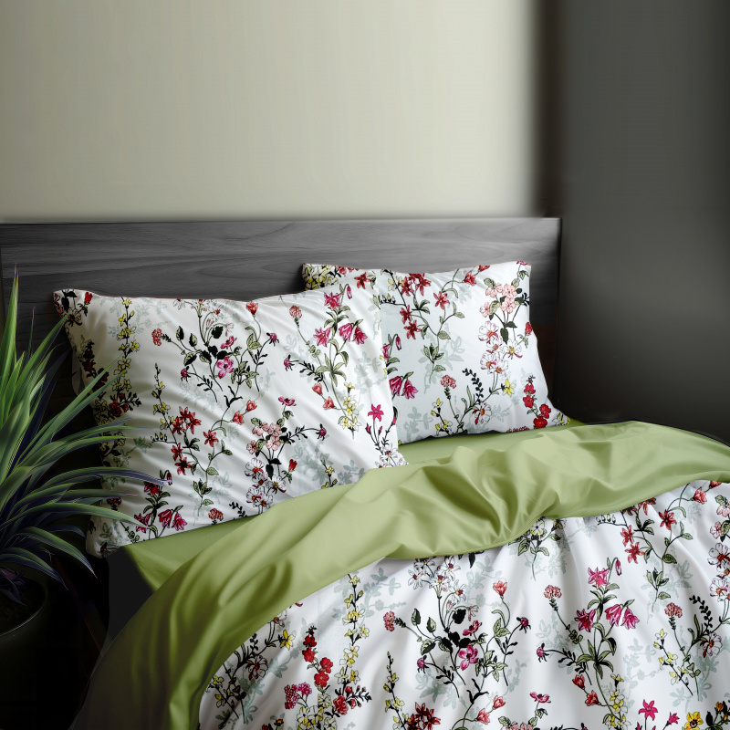 Ervi Sada Bavlněného DUO povlečení s Prostěradlem - malované luční květiny na bílém/světle olivové