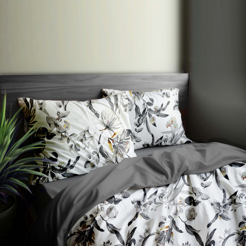 Ervi Sada Bavlněného DUO povlečení s Prostěradlem - kvetoucí eukalyptus šedý/šedý