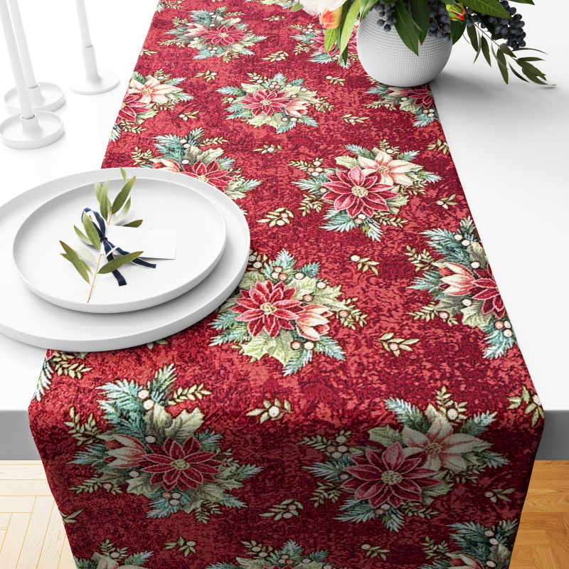Ervi Gobelinový běhoun na stůl - Kouzlo vánočních květin na červeném