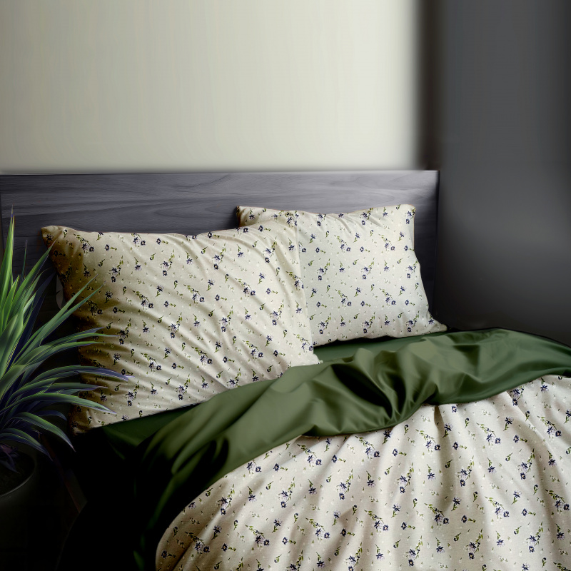 Ervi Bavlněné povlečení oboustranné - Fialová jemná louka/olivové