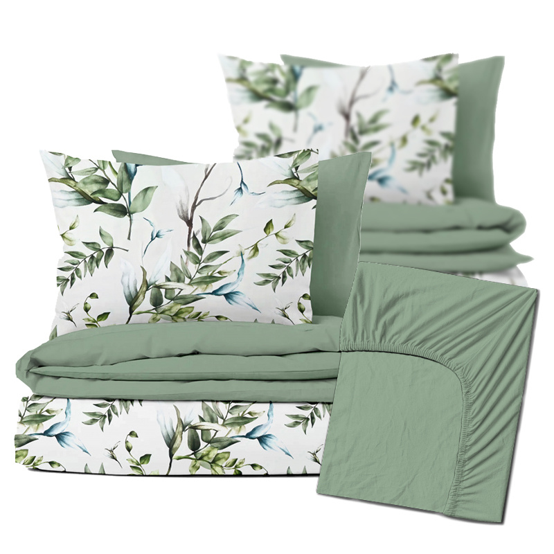 Ervi Zvýhodněná Sada Bavlněného Saténového DUO povlečení s Prostěradlem - Přírodní dotek/light mint