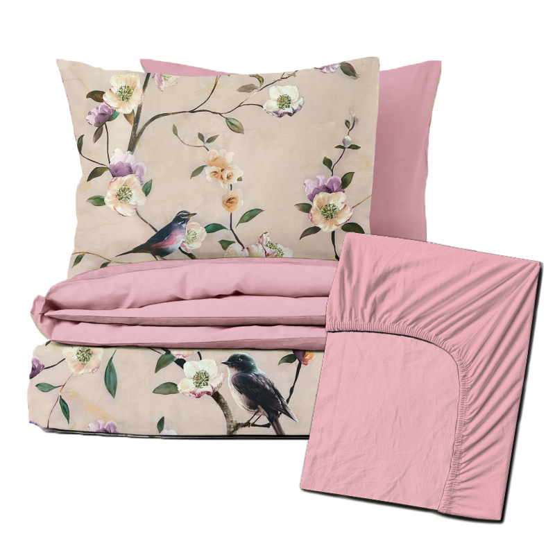 Ervi Zvýhodněná Sada Bavlněného Saténového DUO povlečení s Prostěradlem - Ptáček/růžové