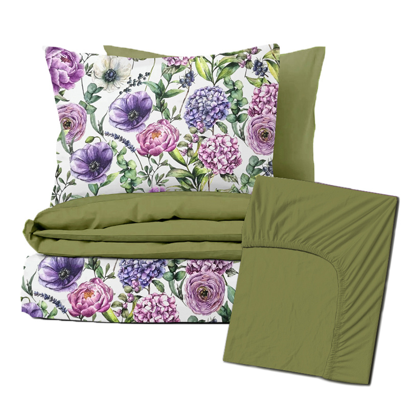 Ervi Zvýhodněná Sada Bavlněného Saténového DUO povlečení s Prostěradlem - Fialová zahrada/olivové