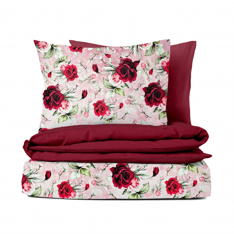 Ervi Bavlněné Saténové povlečení DELUXE DUO - Růžové sny/bordo