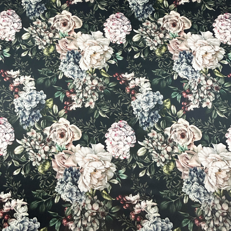 Ervi Luxusní bavlněný saténový župan DELUXE – Květinový sen / černý