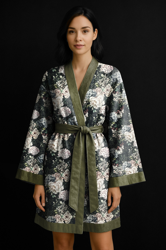 Ervi Luxusní bavlněný saténový župan DELUXE – Květinový sen / olivový