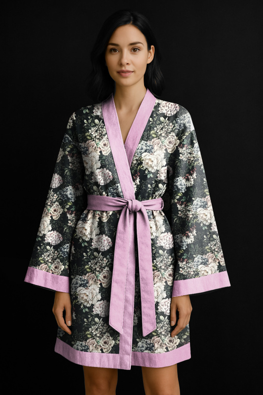 Ervi Luxusní bavlněný saténový župan DELUXE – Květinový sen / růžový