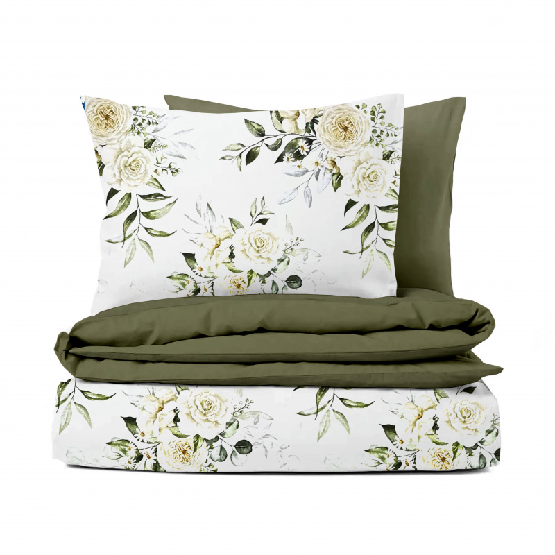 Ervi Bavlněné Saténové povlečení DELUXE DUO - Krémové růže/olivové