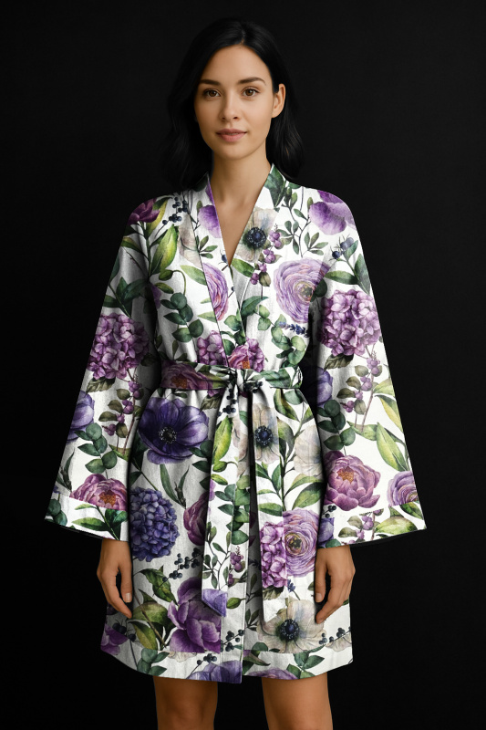 Ervi Luxusní bavlněný saténový župan DELUXE – Fialová zahrada