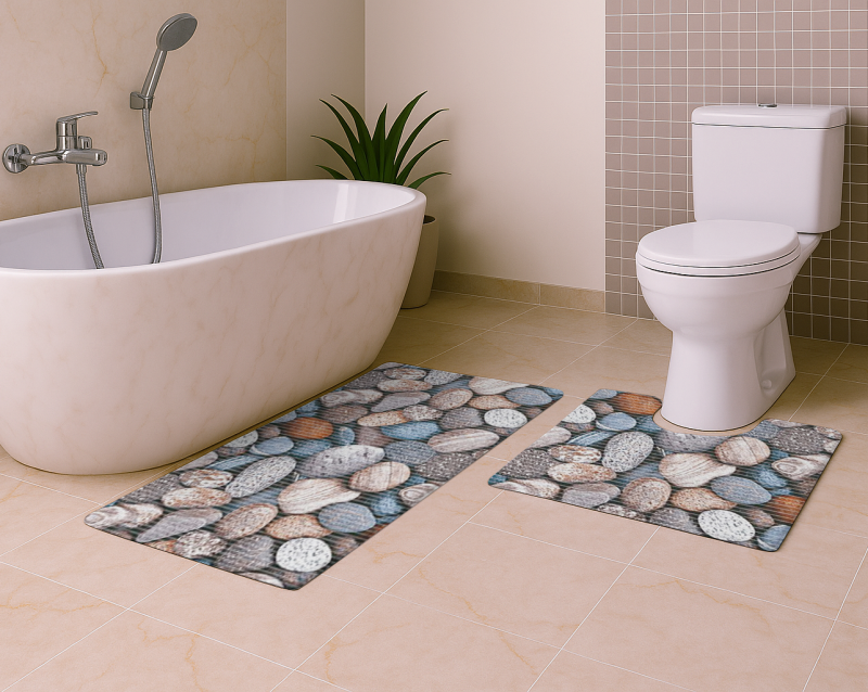 Sada koupelnových pěnových předložek s výkrojem u WC D-242A - Říční kameny (různé velikosti)