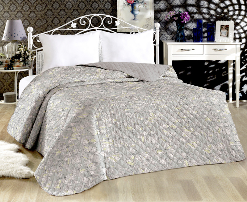 Přehoz oboustranný Colore - Květy na šedém