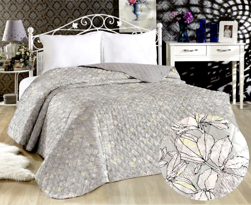 Přehoz oboustranný Colore - Květy na šedém