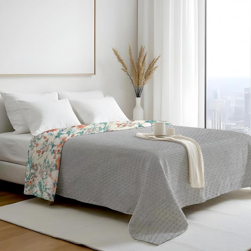 Přehoz oboustranný Colore - Šedý / Květy