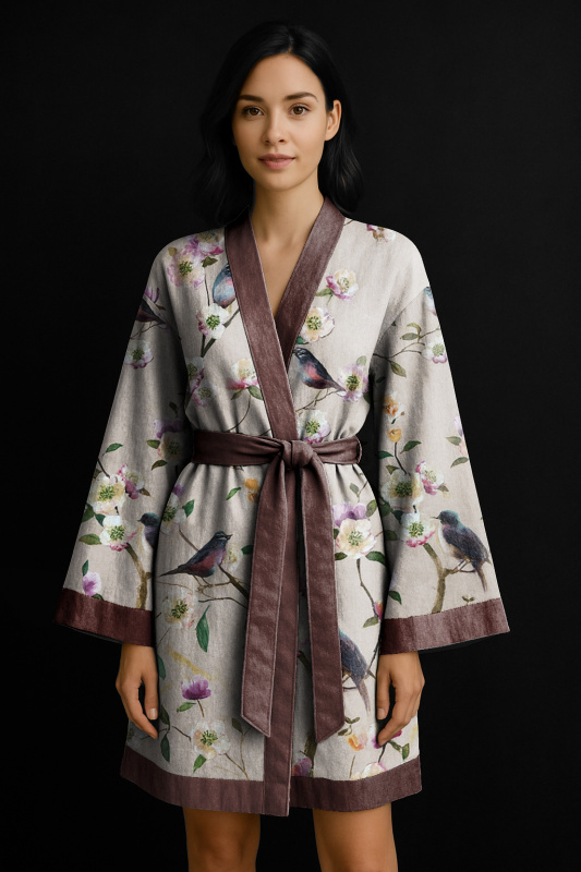 Ervi Luxusní bavlněný saténový župan DELUXE – Ptáček / hnědý