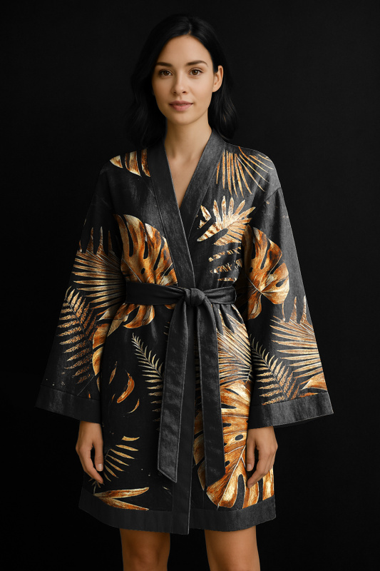 Ervi Luxusní bavlněný saténový župan DELUXE – Monstera na černém /černý