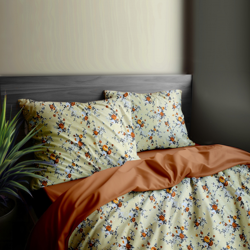 Ervi Bavlněné povlečení oboustranné - Žlutá Růžová Zahrada/hnědé