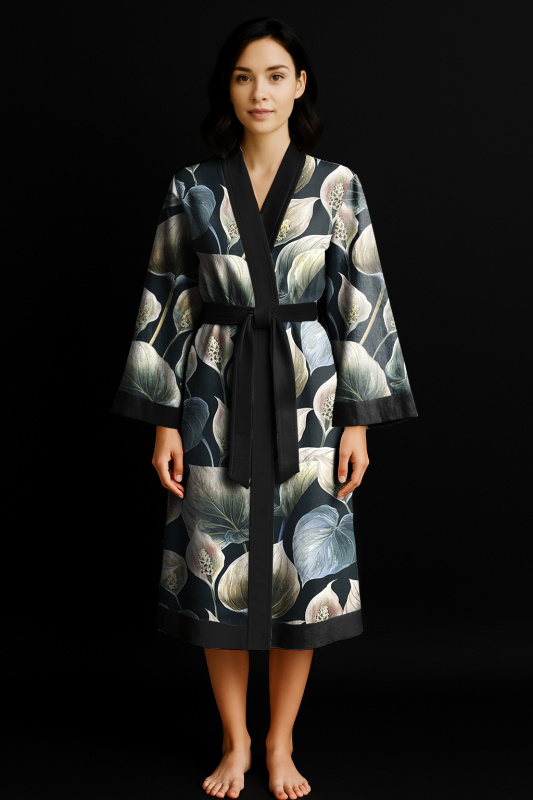 Ervi Luxusní bavlněný saténový dlouhý župan DELUXE – Neroli Dream /černý