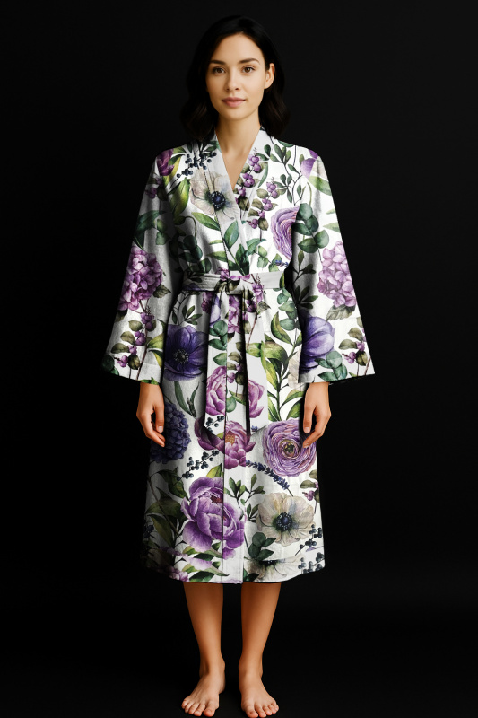 Ervi Luxusní bavlněný saténový dlouhý župan DELUXE – Fialová zahrada