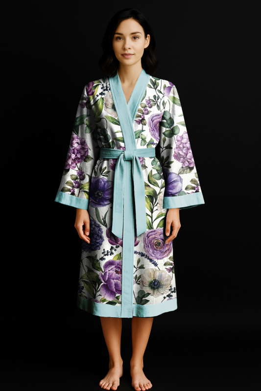 Ervi Luxusní bavlněný saténový dlouhý župan DELUXE – Fialová zahrada / mint