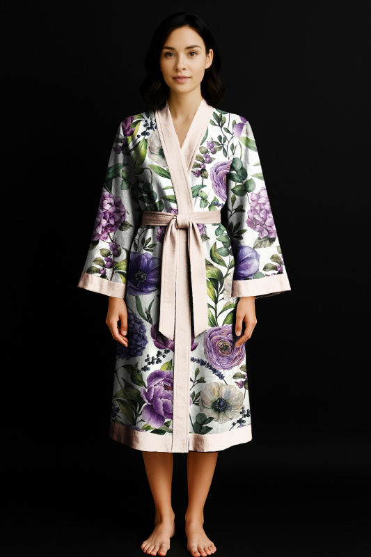 Ervi Luxusní bavlněný saténový dlouhý župan DELUXE – Fialová zahrada /béžový