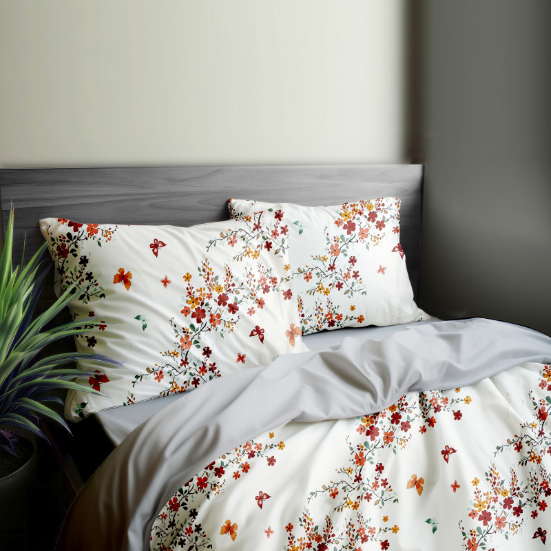Ervi Bavlněné povlečení oboustranné - Podzimní kvítí/světle šedé