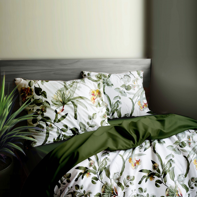 #Ervi bavlněné povlečení oboustranné - kvetoucí eukalyptus zelený/olivové 200x220cm +2ks x 70x90cm