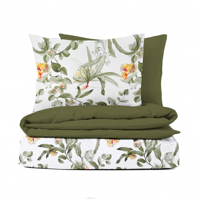 #Ervi bavlněné povlečení oboustranné - kvetoucí eukalyptus zelený/olivové 140x200 cm + 70x90 cm