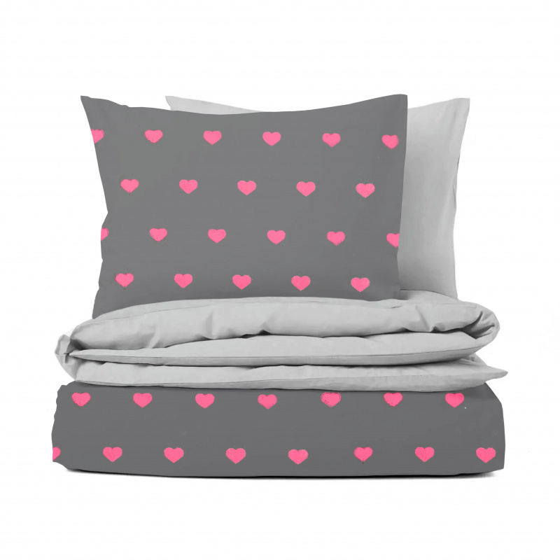 Ervi Bavlněné povlečení oboustranné - Růžová srdíčka/světle šedé