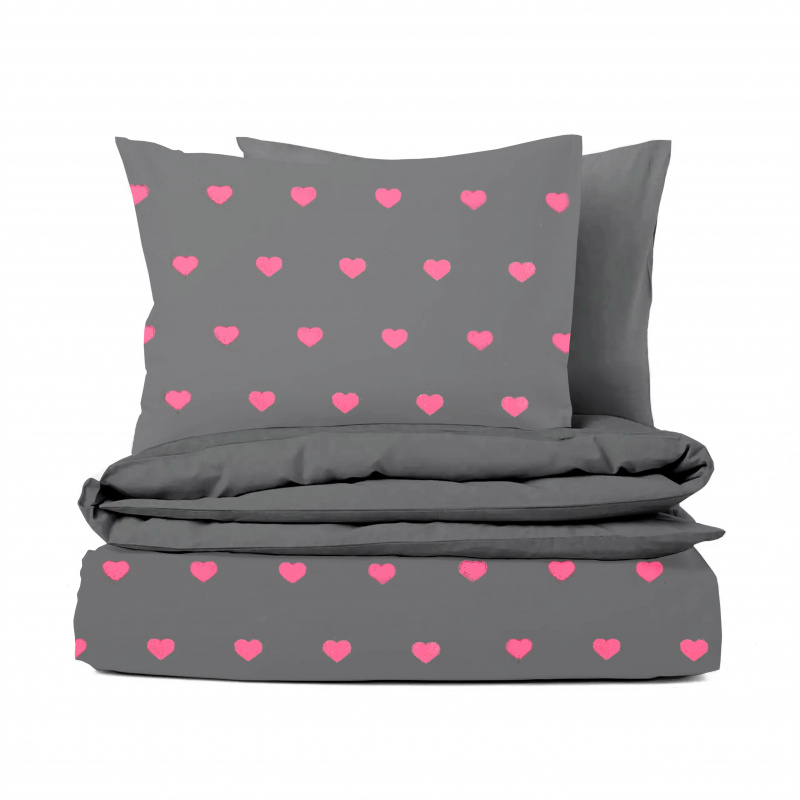 Ervi Bavlněné povlečení oboustranné - Růžová srdíčka/tmavě šedé