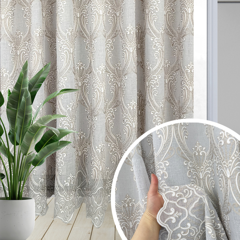 Voálová Luxusní vyšívaná záclona Versailles  White and Beige metráž Ervi 3634-15
