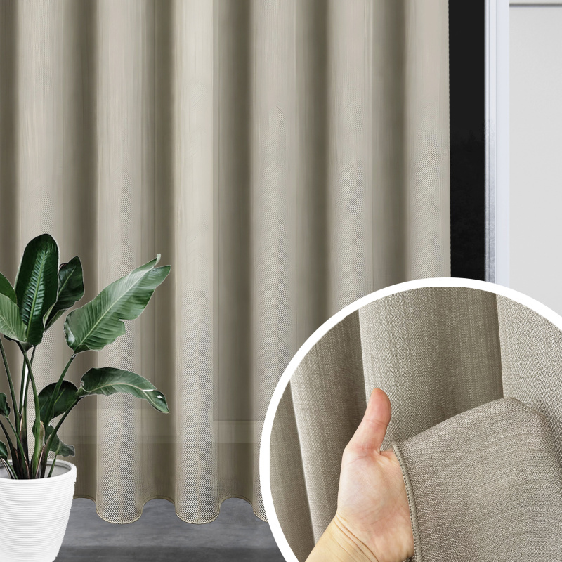 Záclona/Závěs  béžovo-hnědá Linen Mist s efektem lnu a olůvkem Ervi 4451