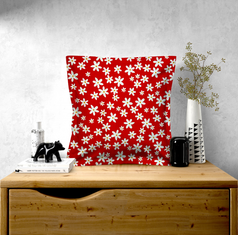 Ervi povlak na polštář bavlněný s lemem -  květinky na červeném