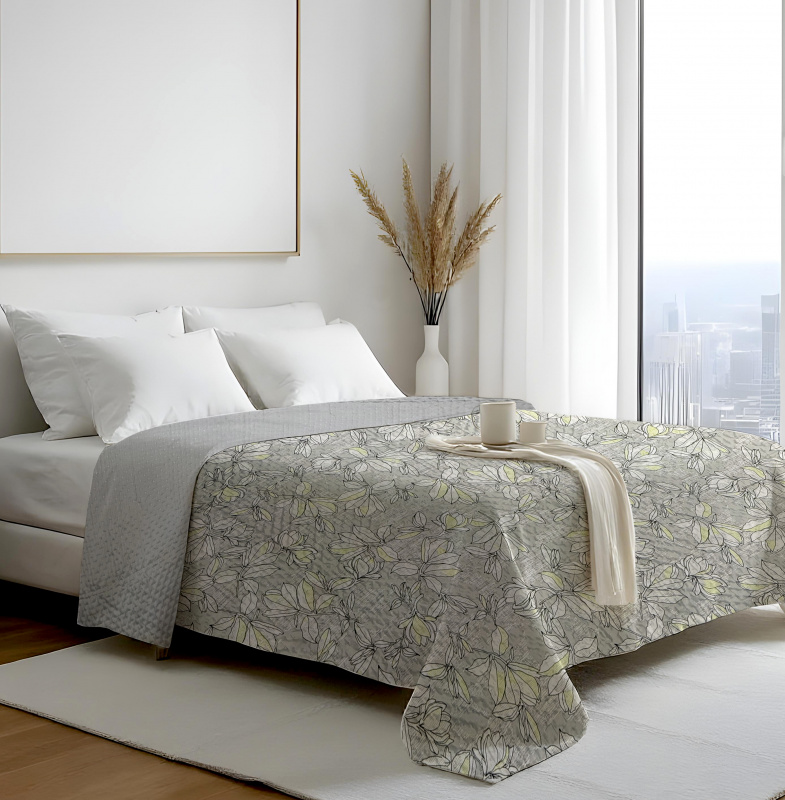 Přehoz oboustranný Colore - Květy na šedém/šedý