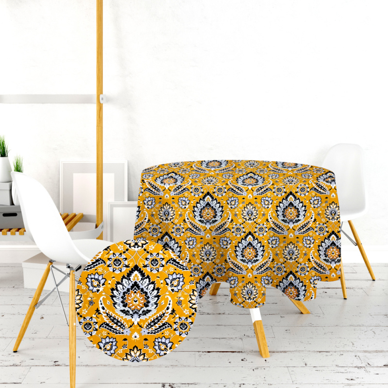 Ervi bavlněný ubrus na stůl kulatý -  Etno žlutý