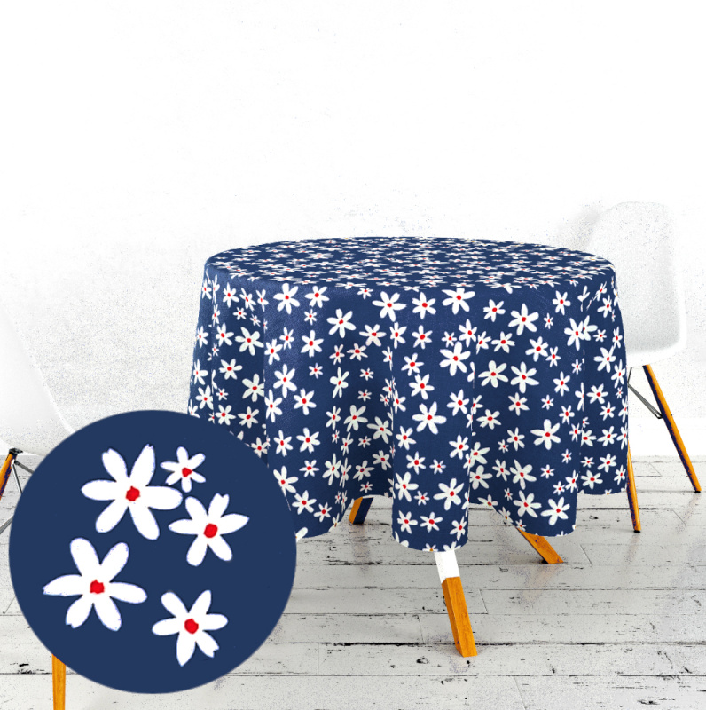 Ervi bavlněný ubrus na stůl kulatý - květinky na modrém