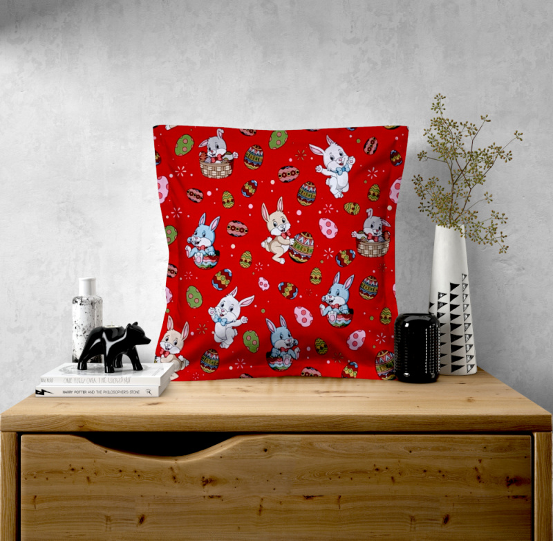 Ervi povlak na polštář bavlněný s lemem - Velikonoční zajíčci-červené