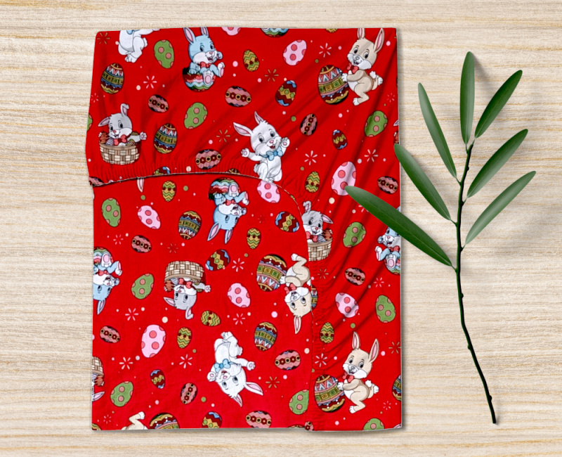Ervi bavlněné napínací prostěradlo - Velikonoční zajíčci-červené