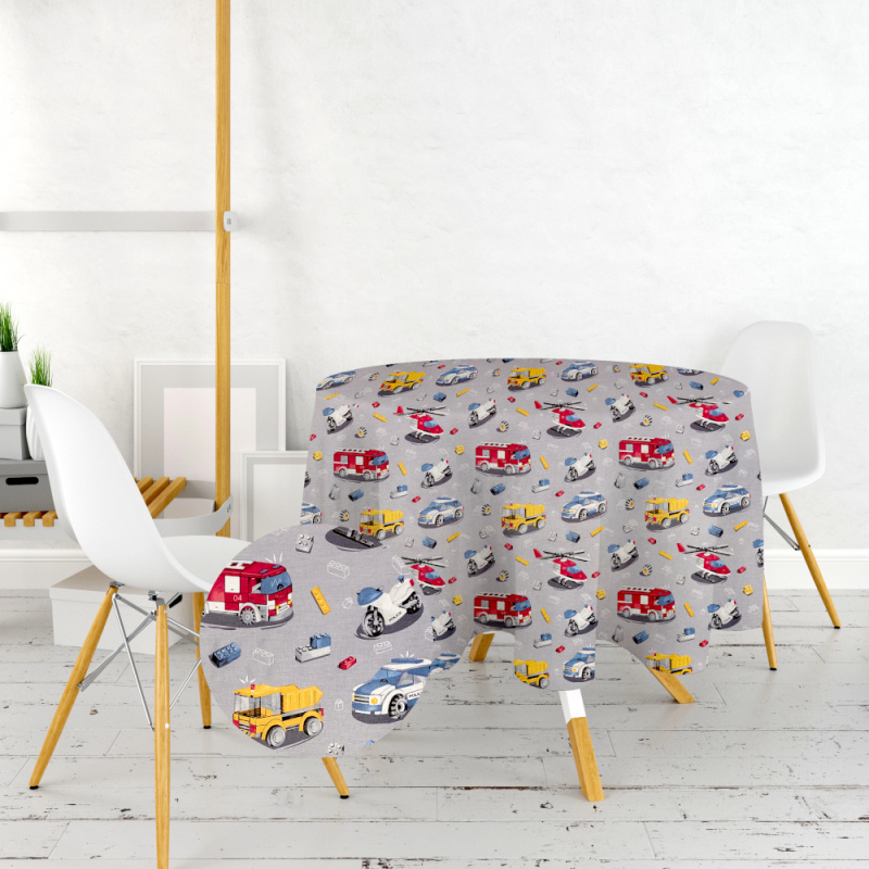 Ervi bavlněný ubrus na stůl kulatý - autíčká a vrtulníky