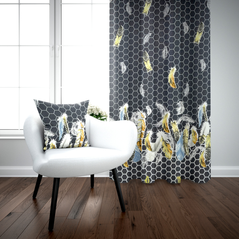 Ervi bavlněný závěs - peří na šedém