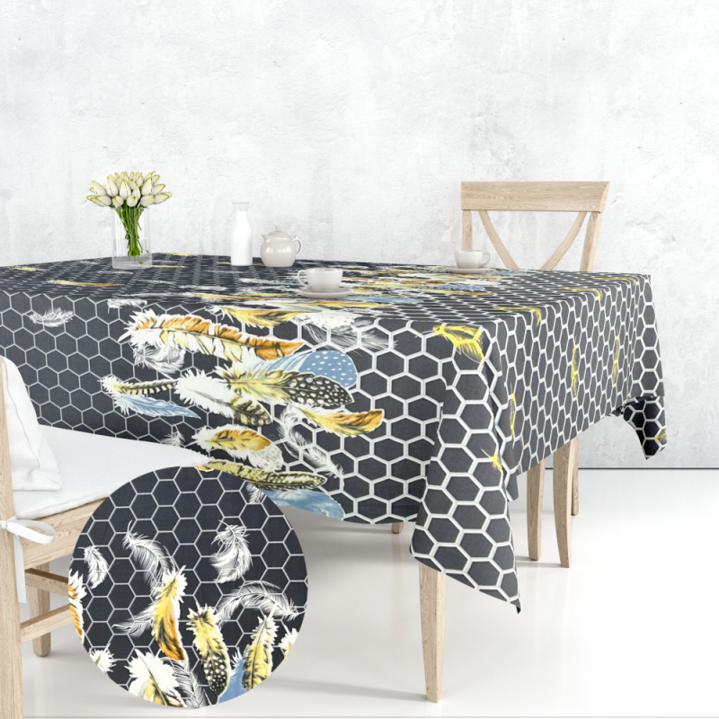 Ervi bavlněný ubrus na stůl čtvercový - peří na šedém