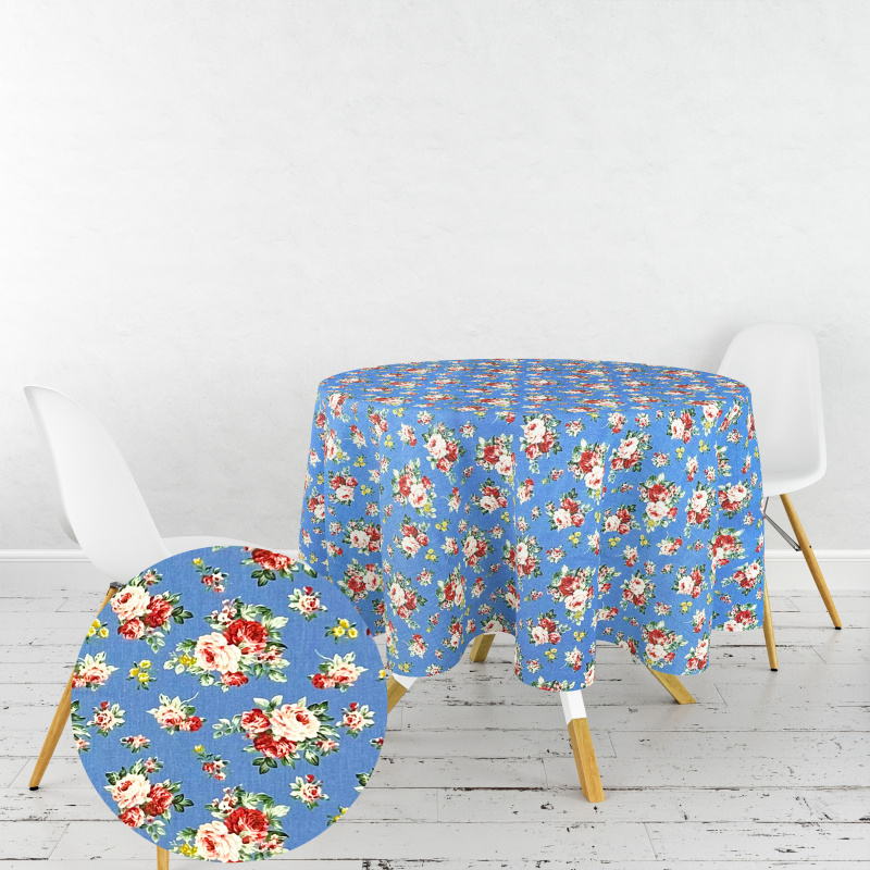 Ervi bavlněný ubrus na stůl kulatý - růžičky na modrém