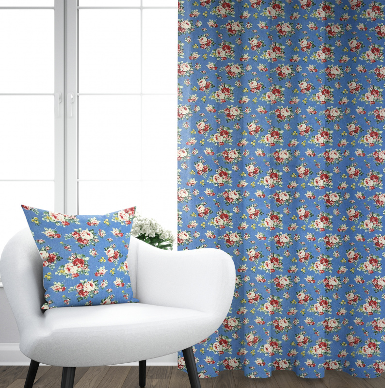 Ervi bavlněný závěs - růžičky na modrém