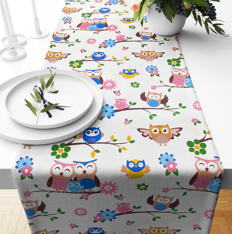 Ervi bavlněný běhoun na stůl - sovičky na bílém