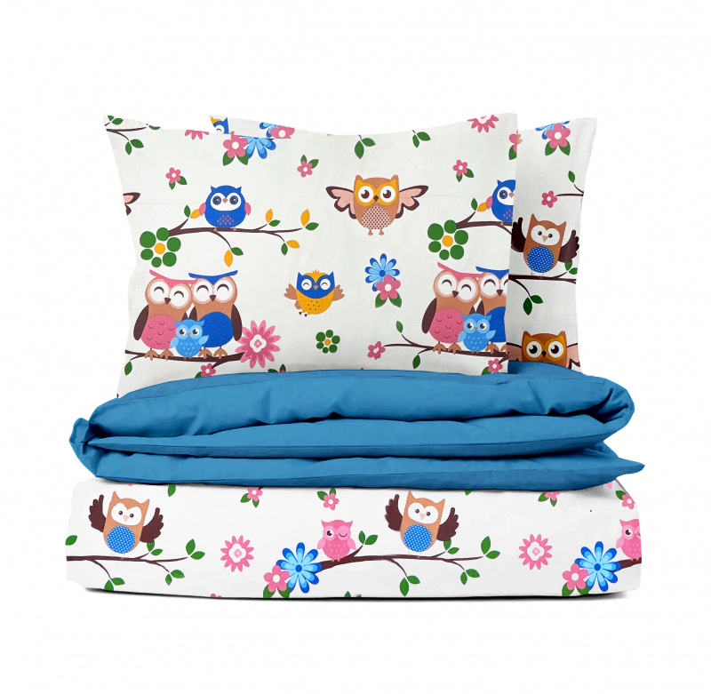 Ervi bavlněné povlečení oboustranné - sovičky na bílém/modrý