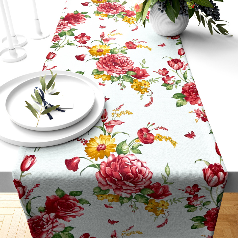 Ervi bavlněný běhoun na stůl - Červené a žluté květy