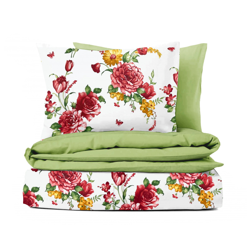 Ervi bavlněné povlečení oboustranné - Červené a žluté květy/zelené