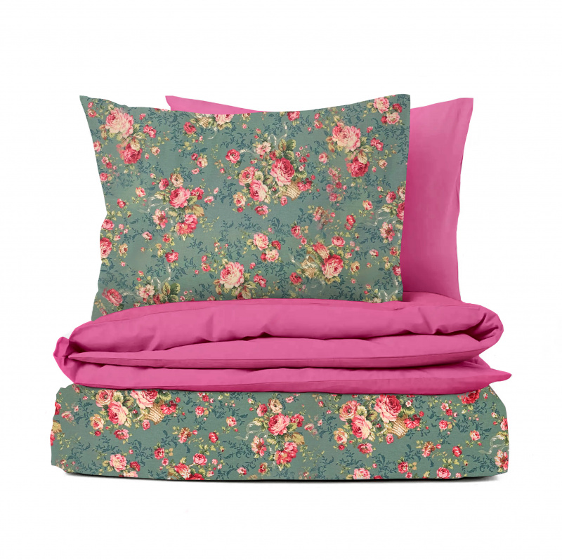 Ervi bavlněné povlečení oboustranné - Růže na zeleném/růžová