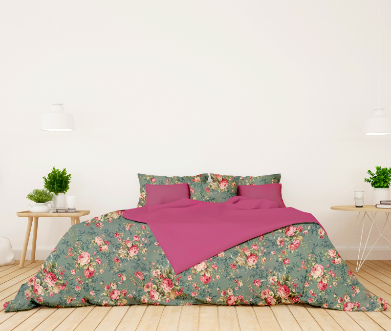 Ervi bavlněné povlečení oboustranné - Růže na zeleném/růžová