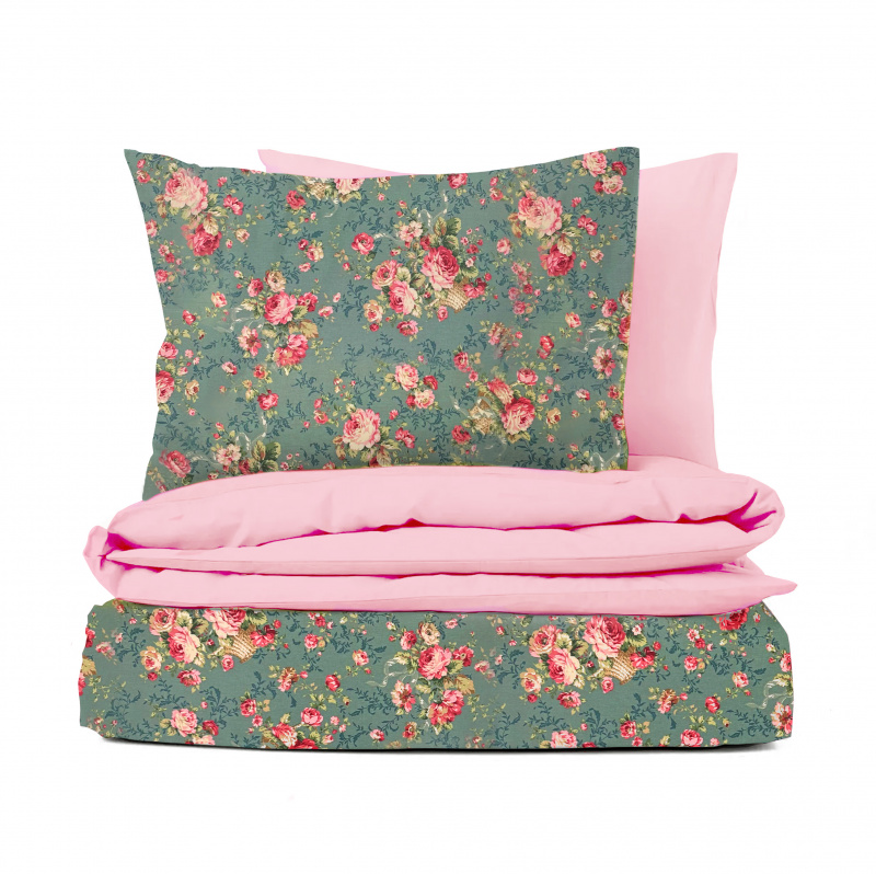 Ervi bavlněné povlečení oboustranné - Růže na zeleném/světle růžová