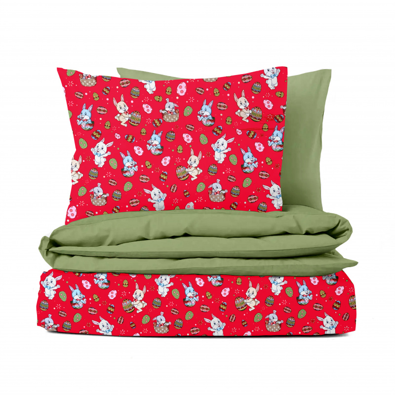 Ervi bavlněné povlečení oboustranné - Velikonoční zajíčci-červené/zelená